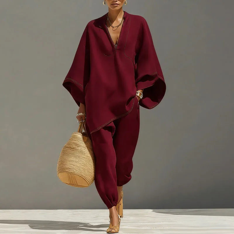 Relaxed Linen Two Piece Set with Oversized Top and Tapered Trousers