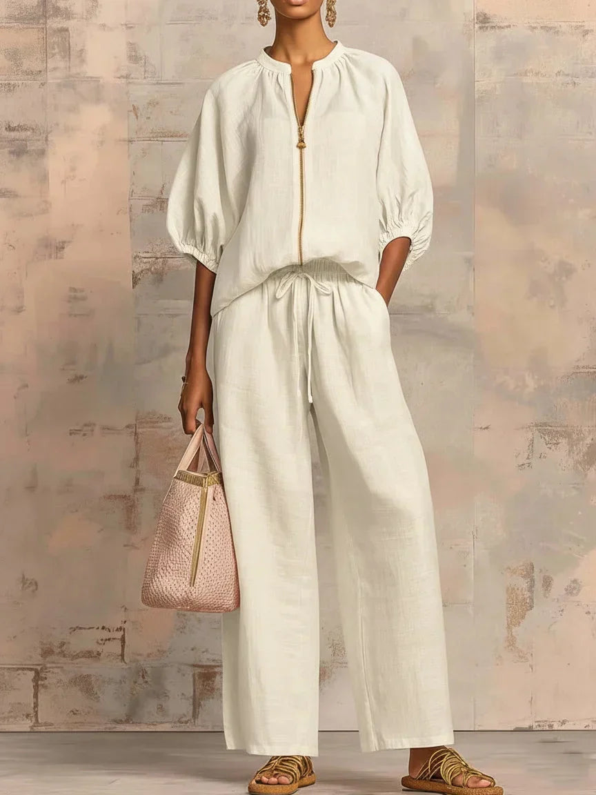 Relaxed Linen Two Piece Set with Puff Sleeve Top and Wide Leg Trousers