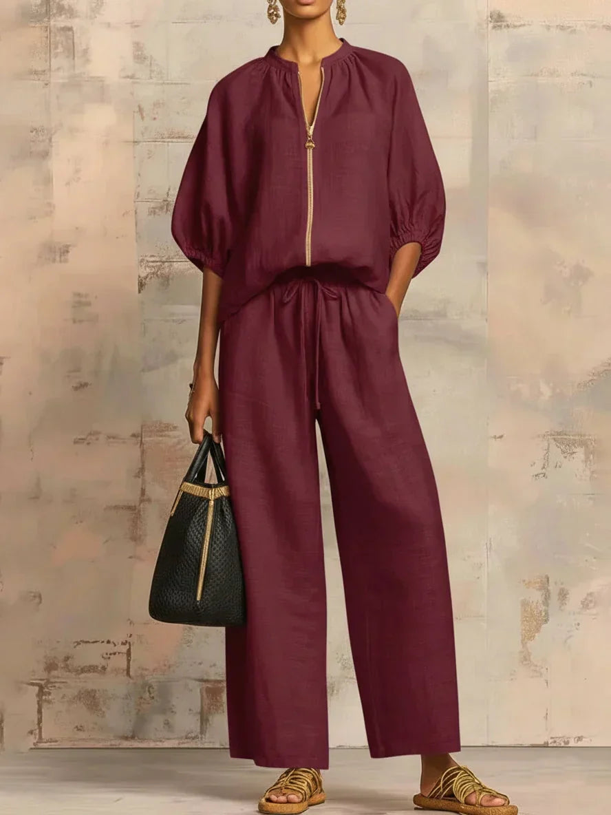 Relaxed Linen Two Piece Set with Puff Sleeve Top and Wide Leg Trousers