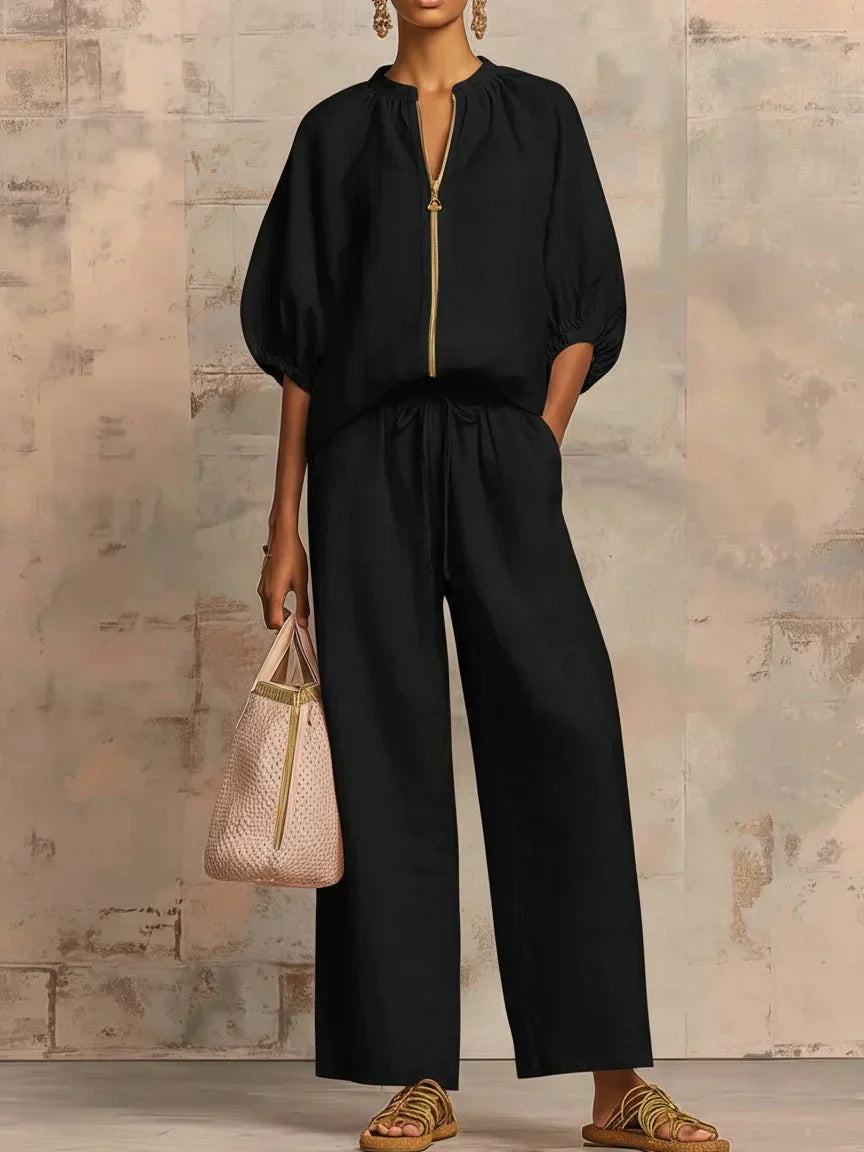 Relaxed Linen Two Piece Set with Puff Sleeve Top and Wide Leg Trousers