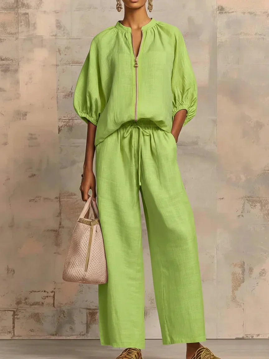 Relaxed Linen Two Piece Set with Puff Sleeve Top and Wide Leg Trousers