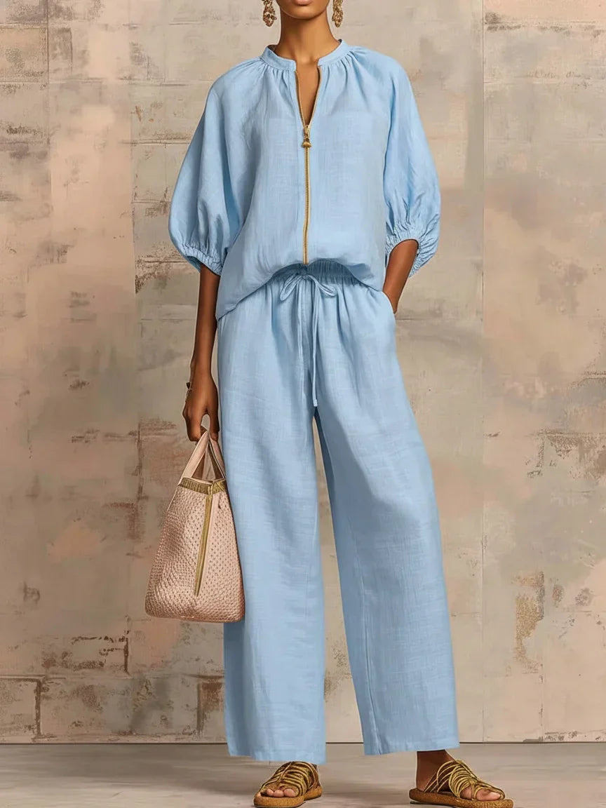 Relaxed Linen Two Piece Set with Puff Sleeve Top and Wide Leg Trousers