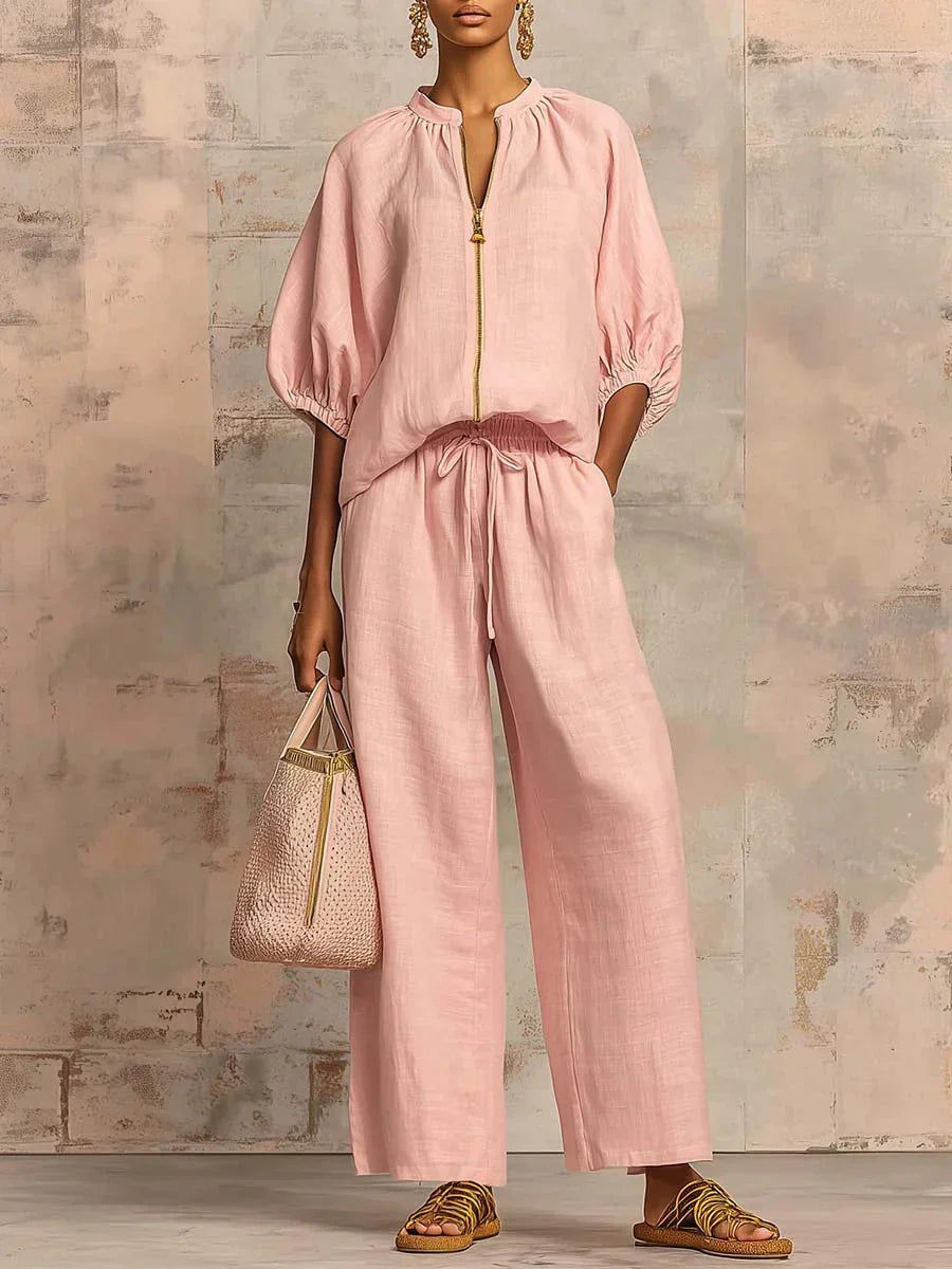 Relaxed Linen Two Piece Set with Puff Sleeve Top and Wide Leg Trousers