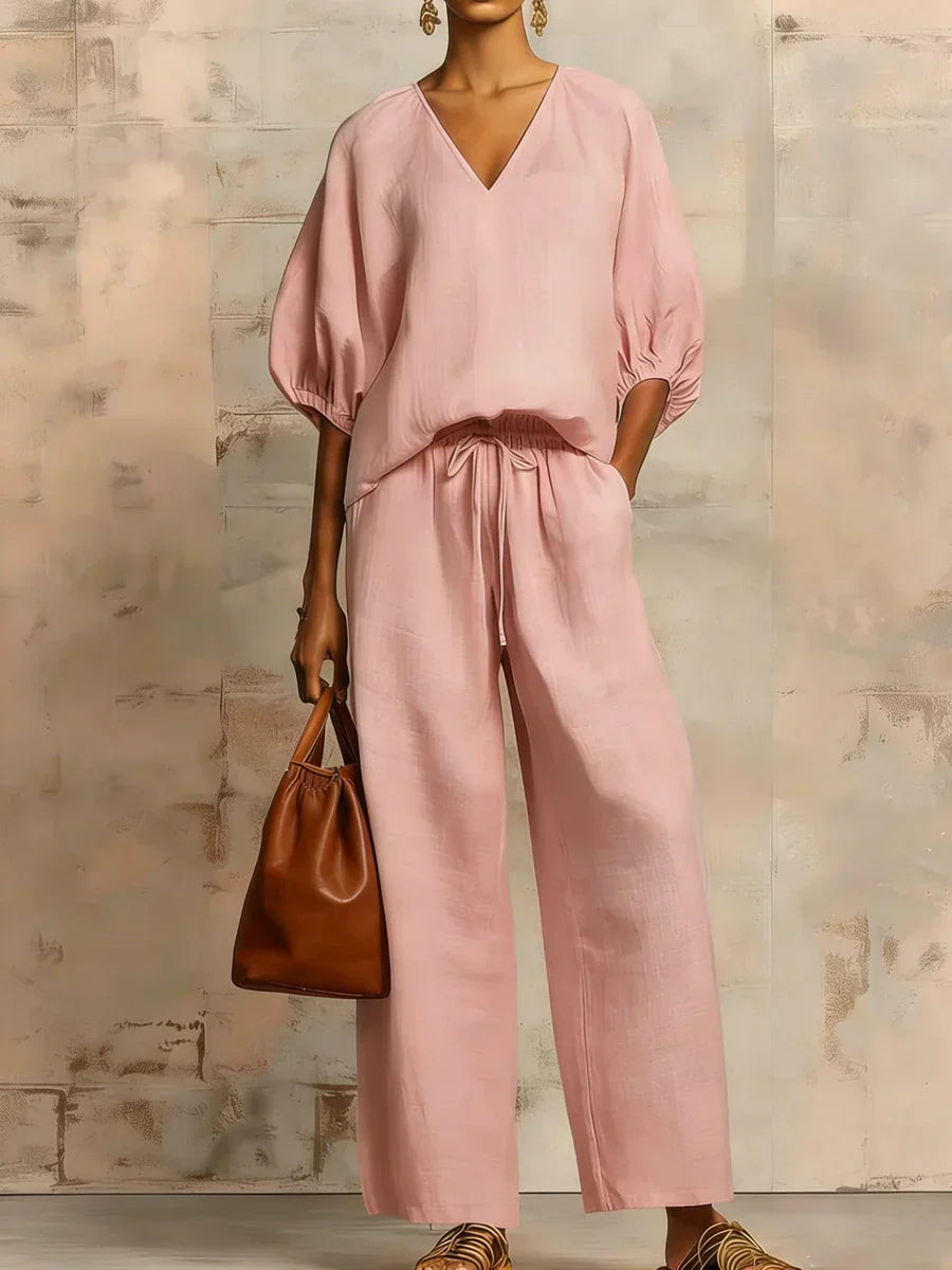 Relaxed Linen Two Piece Set with Puff Sleeves and Wide Leg Trousers