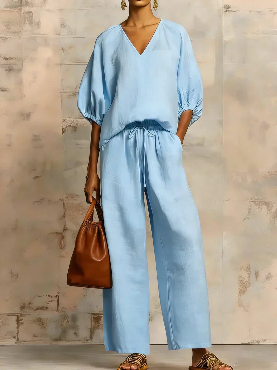 Relaxed Linen Two Piece Set with Puff Sleeves and Wide Leg Trousers