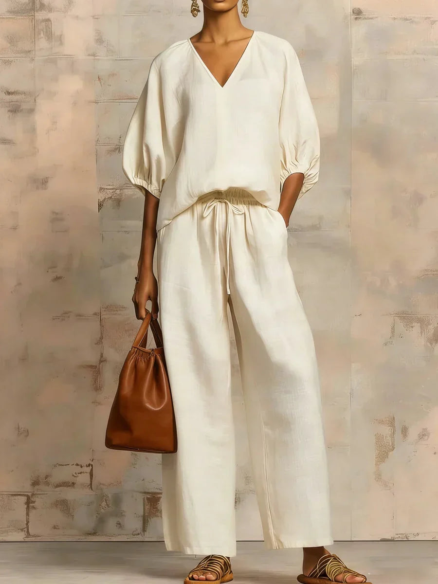 Relaxed Linen Two Piece Set with Puff Sleeves and Wide Leg Trousers