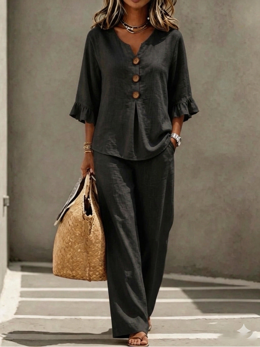 Relaxed Linen Two Piece Set with Ruffle Sleeve Top and Wide Leg Trousers