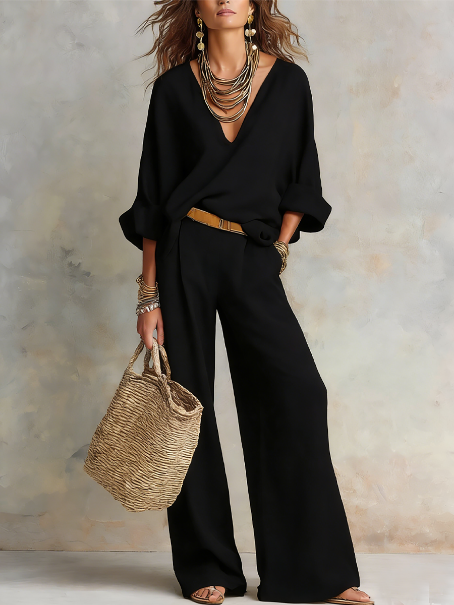 Relaxed Linen Two Piece Set with V-Neck Top and Wide Leg Trousers