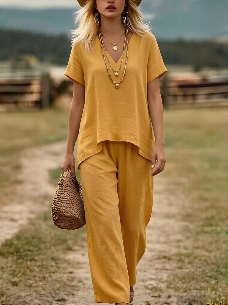 Relaxed Linen Two Piece Set with V-Neckline Top and Wide Leg Trousers