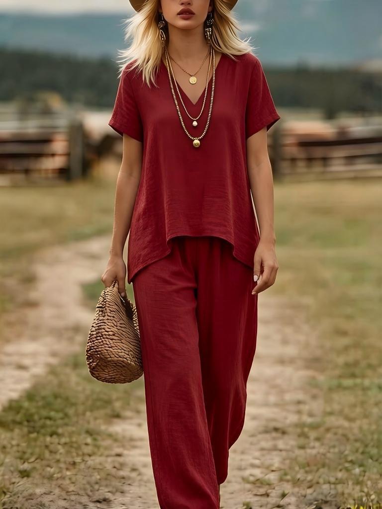 Relaxed Linen Two Piece Set with V-Neckline Top and Wide Leg Trousers