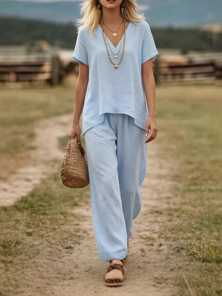 Relaxed Linen Two Piece Set with V-Neckline Top and Wide Leg Trousers