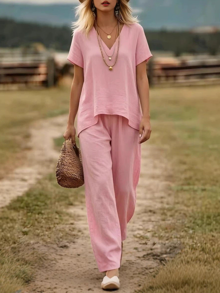 Relaxed Linen Two Piece Set with V-Neckline Top and Wide Leg Trousers