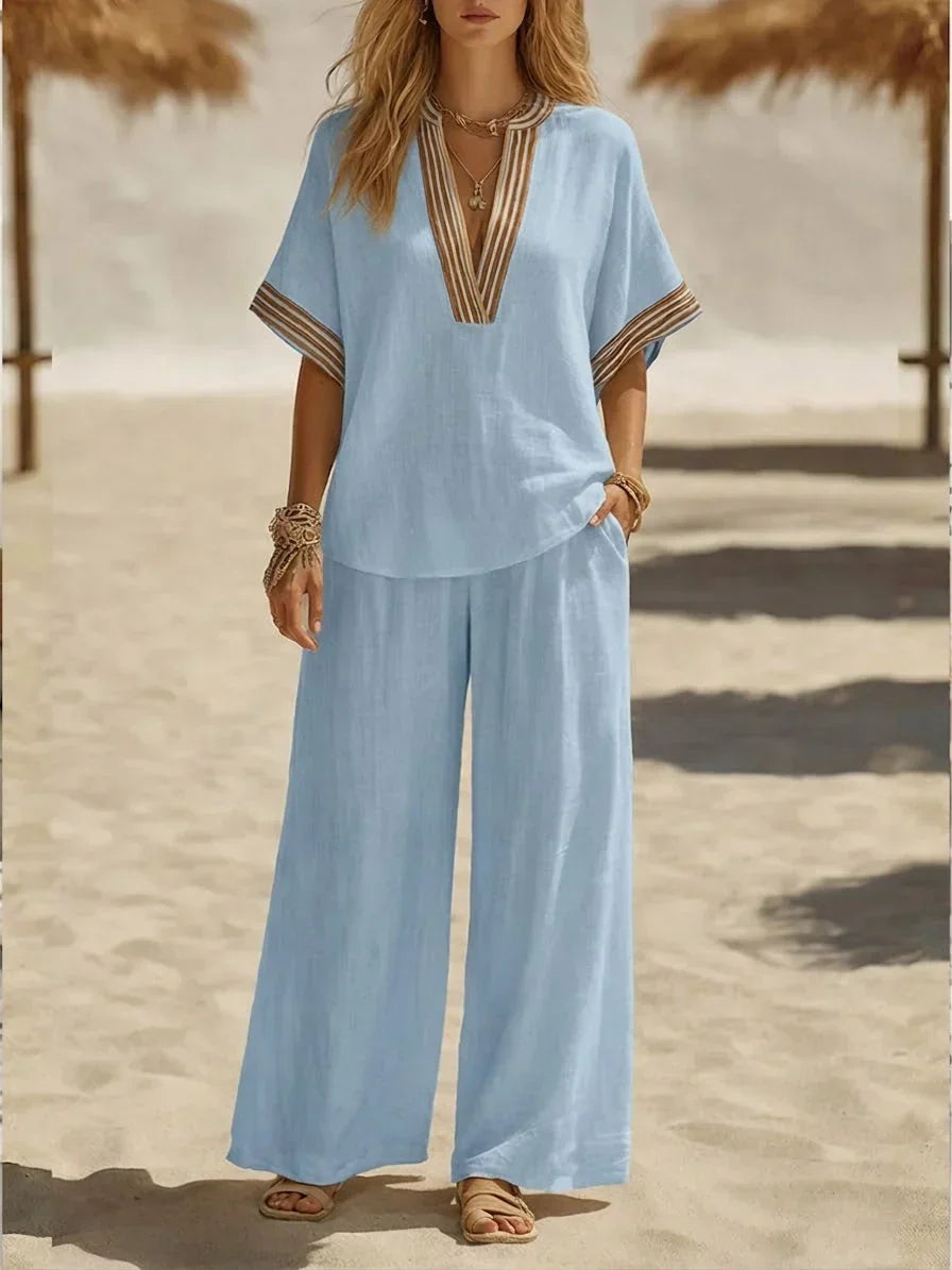 Relaxed Linen Two Piece Set with V-Neckline and Wide Leg Trousers