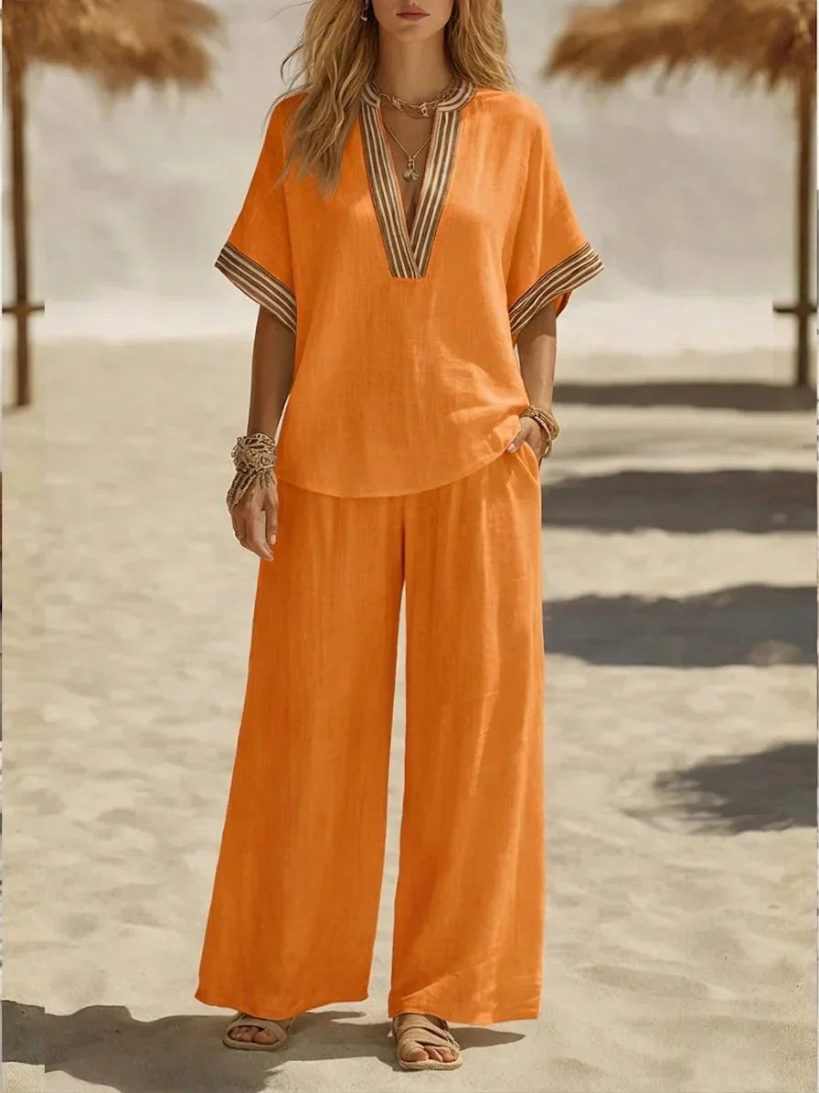 Relaxed Linen Two Piece Set with V-Neckline and Wide Leg Trousers