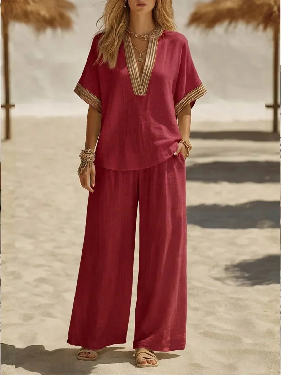 Relaxed Linen Two Piece Set with V-Neckline and Wide Leg Trousers