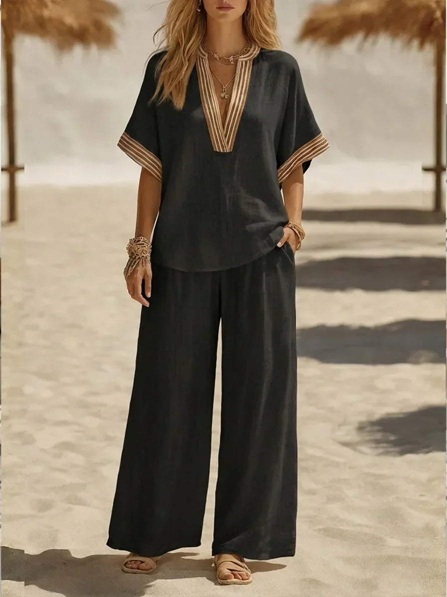 Relaxed Linen Two Piece Set with V-Neckline and Wide Leg Trousers