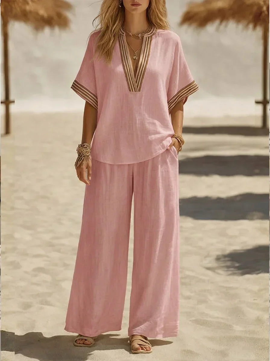 Relaxed Linen Two Piece Set with V-Neckline and Wide Leg Trousers