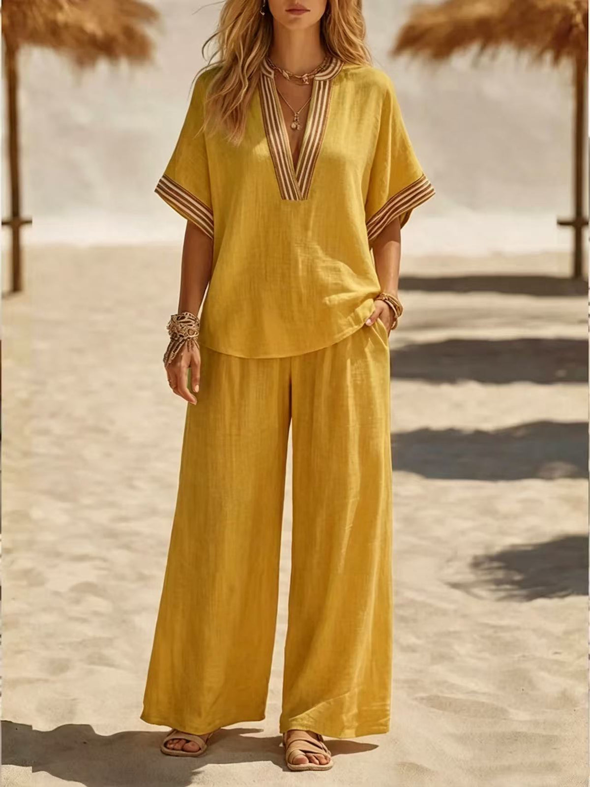 Relaxed Linen Two Piece Set with V-Neckline and Wide Leg Trousers