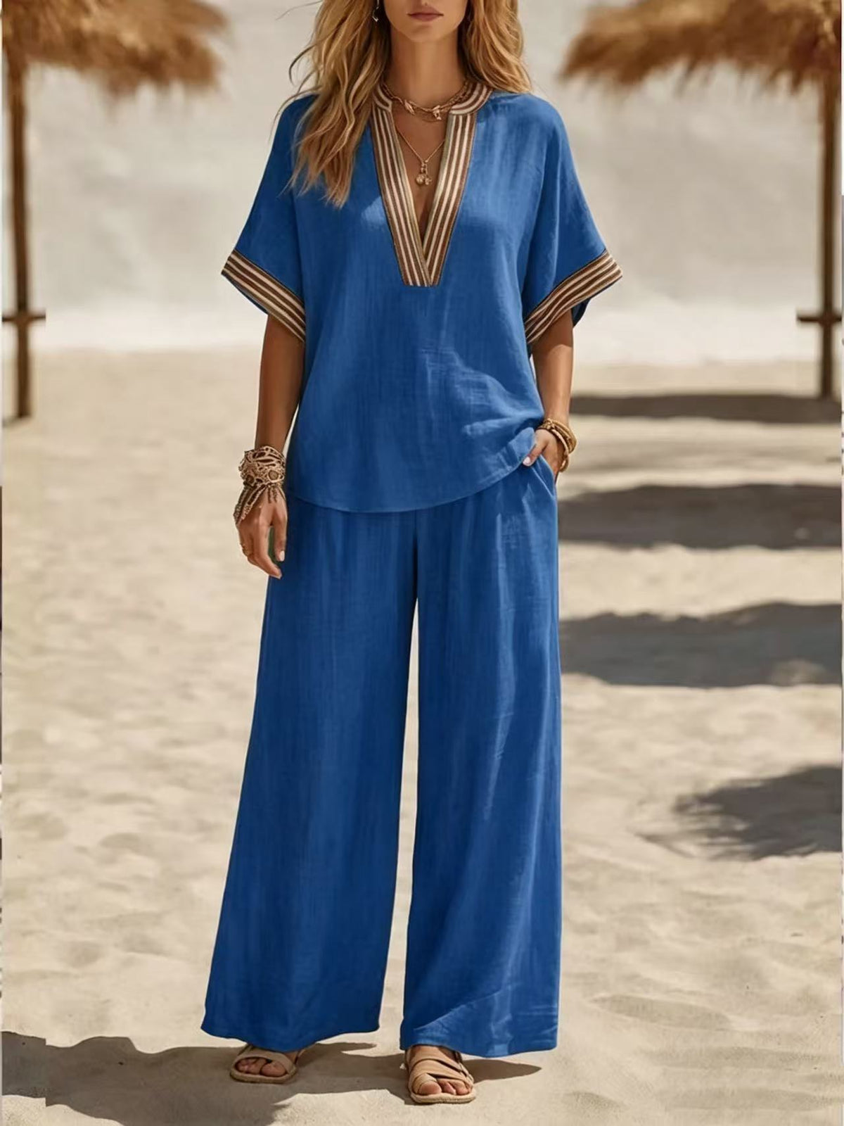 Relaxed Linen Two Piece Set with V-Neckline and Wide Leg Trousers