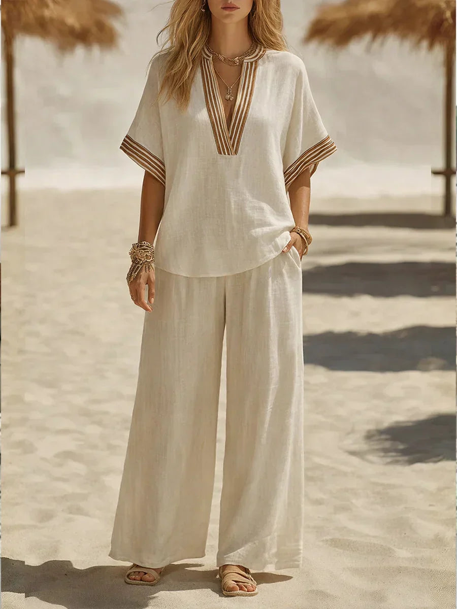 Relaxed Linen Two Piece Set with V-Neckline and Wide Leg Trousers
