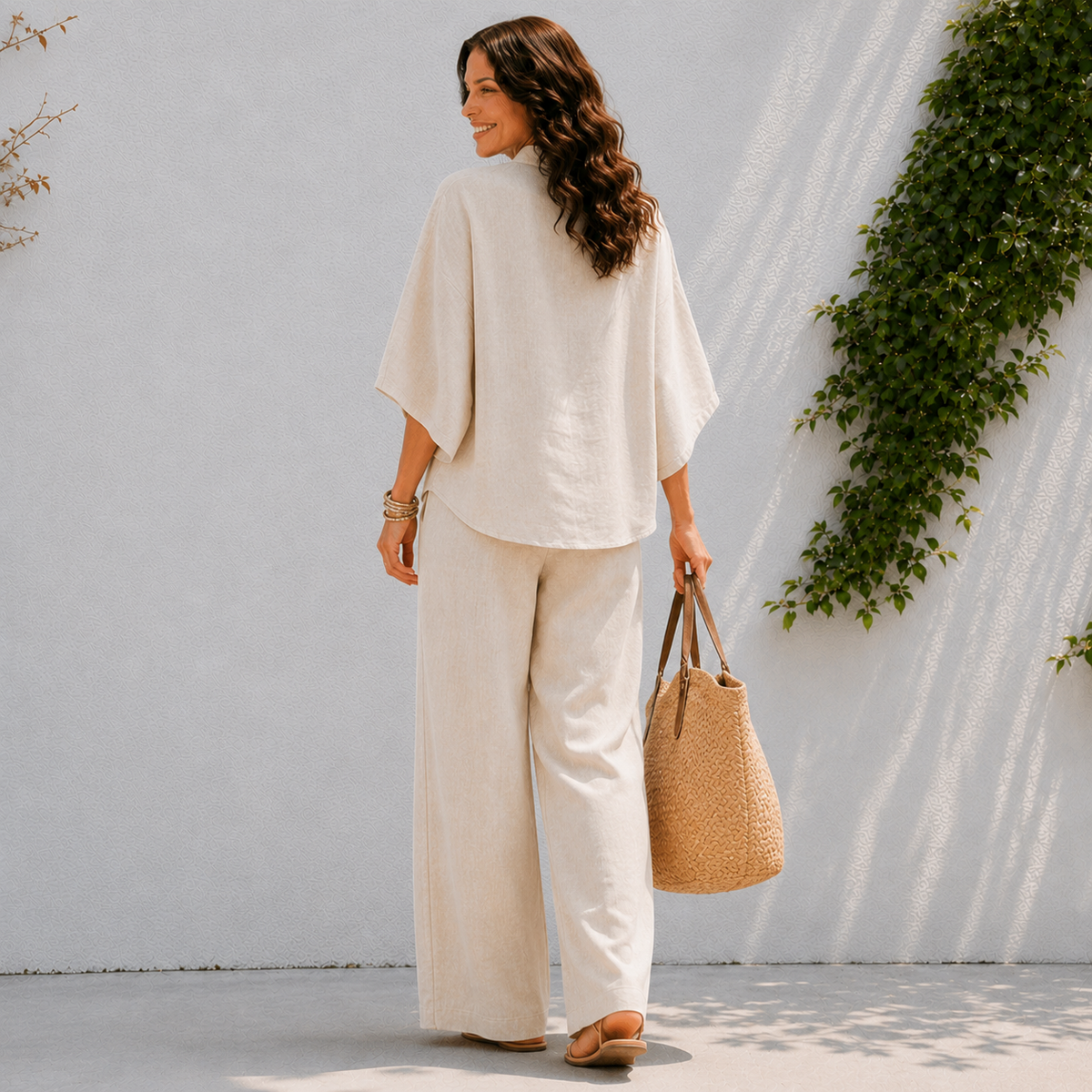 Relaxed Linen Two Piece Set with Wide Leg Trousers and Batwing Top
