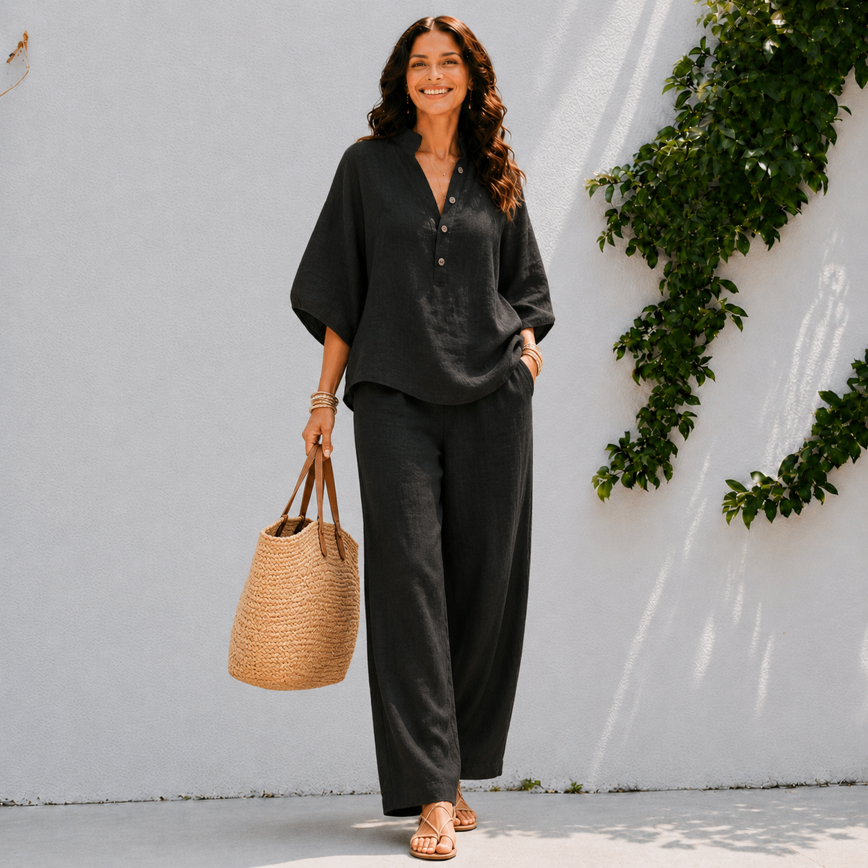 Relaxed Linen Two Piece Set with Wide Leg Trousers and Batwing Top