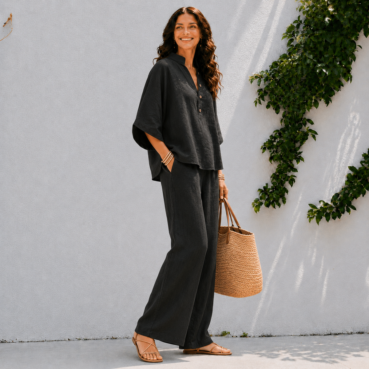 Relaxed Linen Two Piece Set with Wide Leg Trousers and Batwing Top