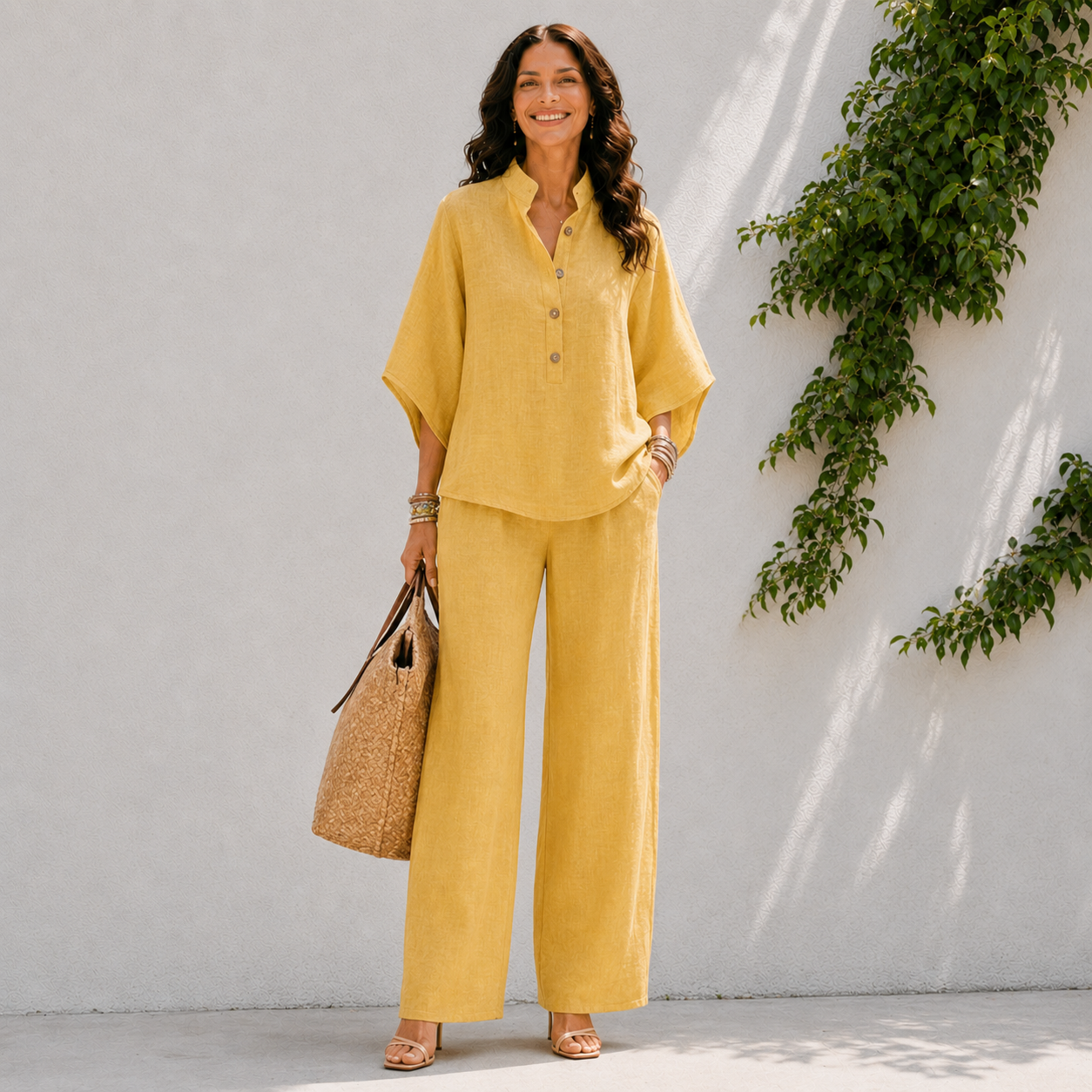 Relaxed Linen Two Piece Set with Wide Leg Trousers and Batwing Top
