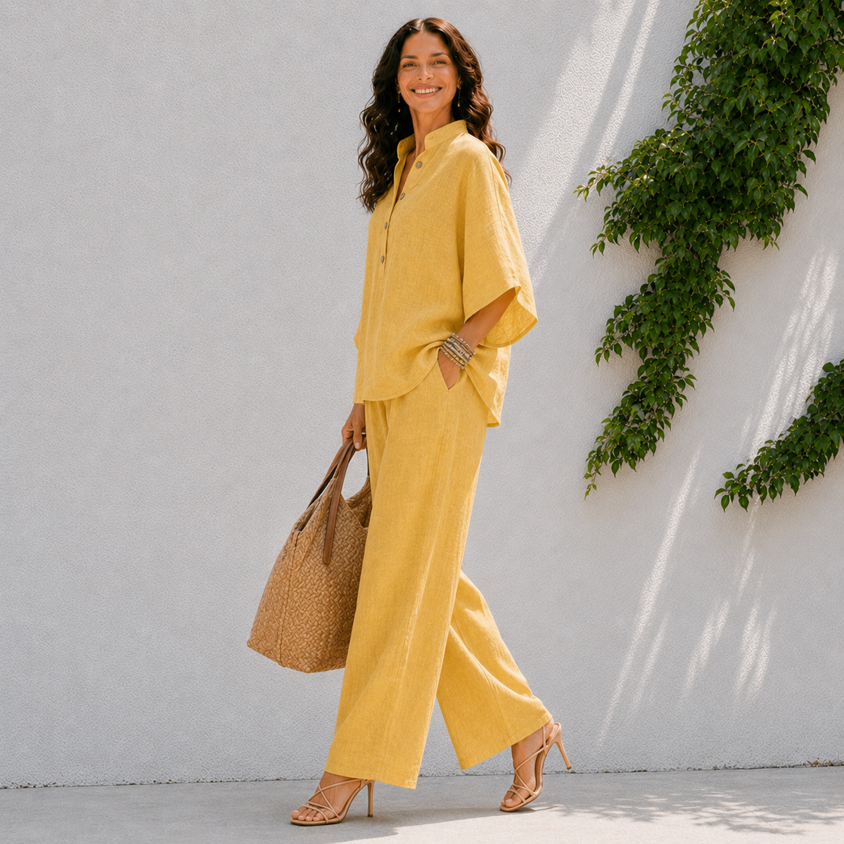 Relaxed Linen Two Piece Set with Wide Leg Trousers and Batwing Top