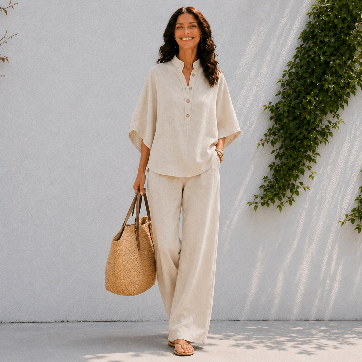 Relaxed Linen Two Piece Set with Wide Leg Trousers and Batwing Top