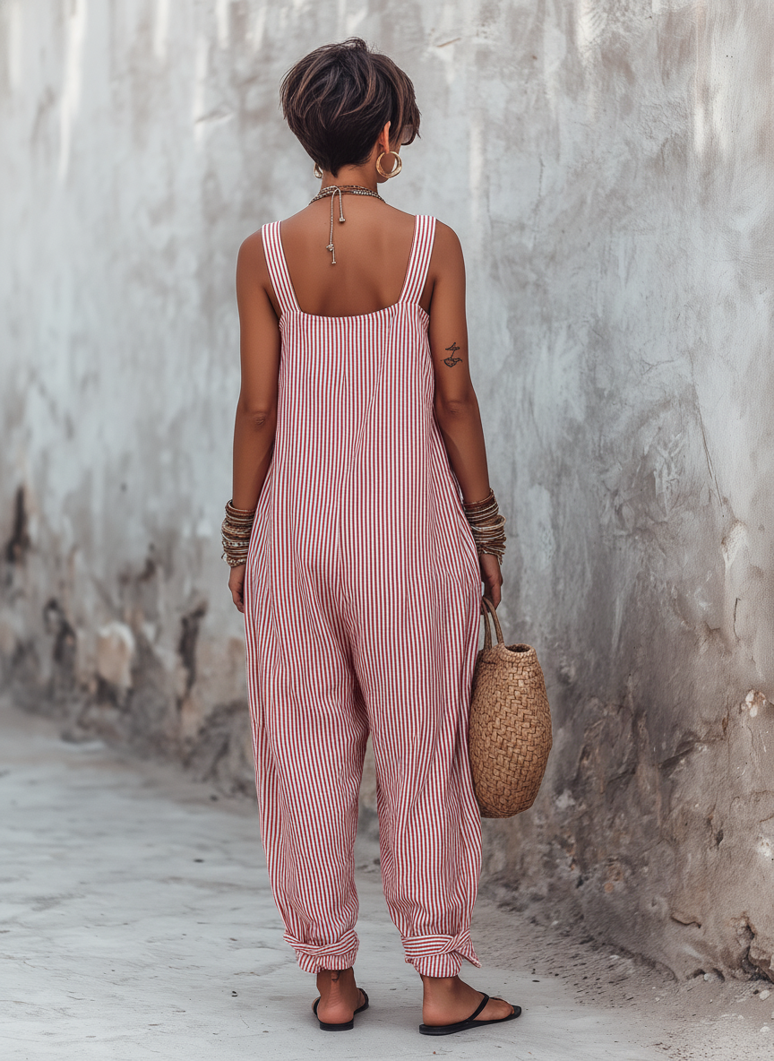 Relaxed Striped Linen Jumpsuit with Square Neck and Ruffle Hem