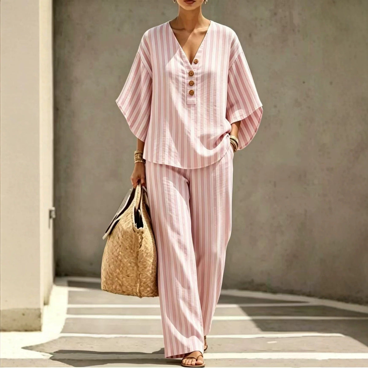 Relaxed Striped Linen Two Piece Set with V-Neckline and Wide Leg Trousers