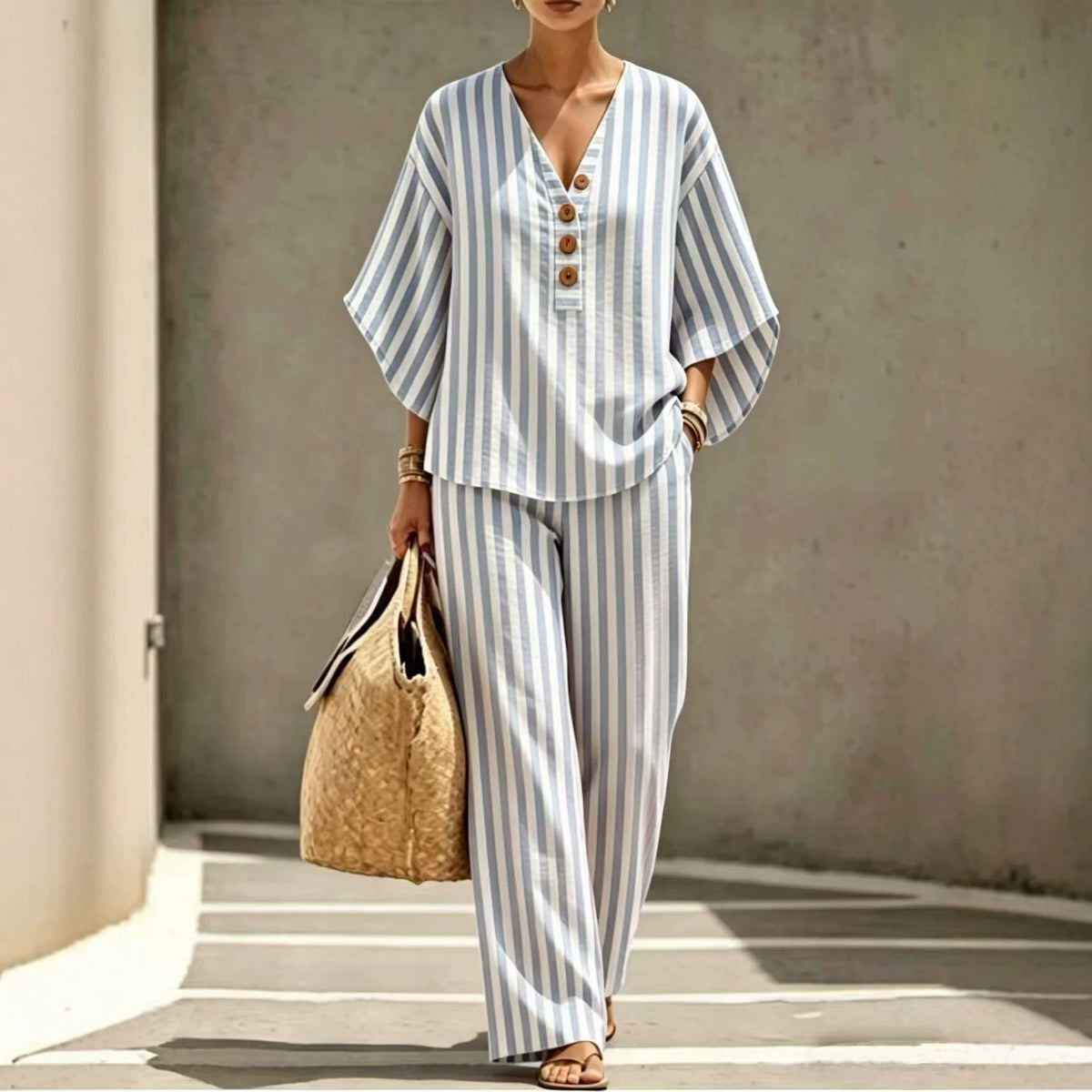 Relaxed Striped Linen Two Piece Set with V-Neckline and Wide Leg Trousers
