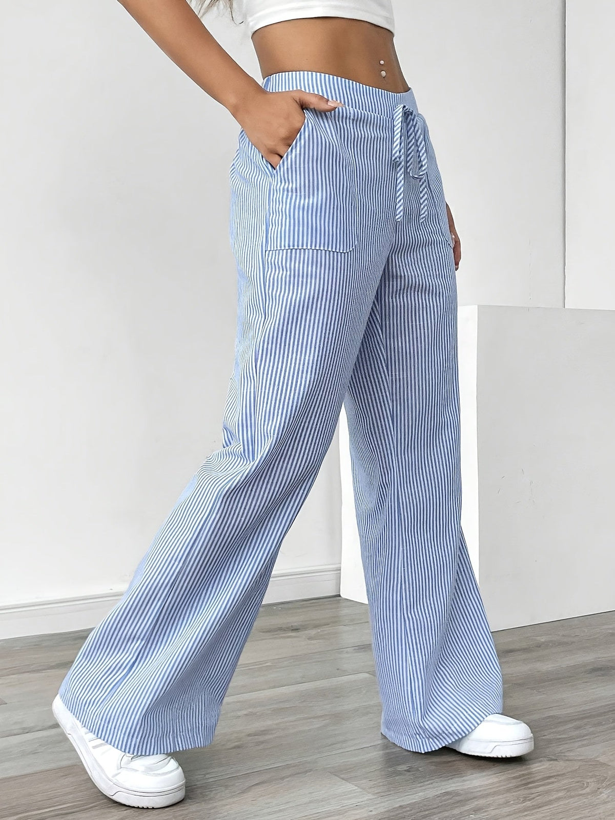 Relaxed Striped Wide Leg Linen Trousers with Drawstring Waist and Patch Pockets