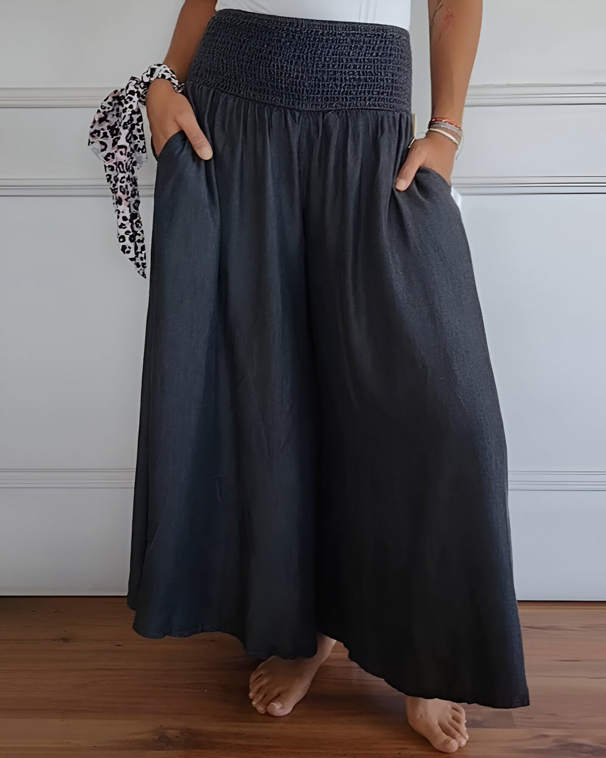 Relaxed Wide Leg Palazzo Pants with Smocked Waist and Pockets