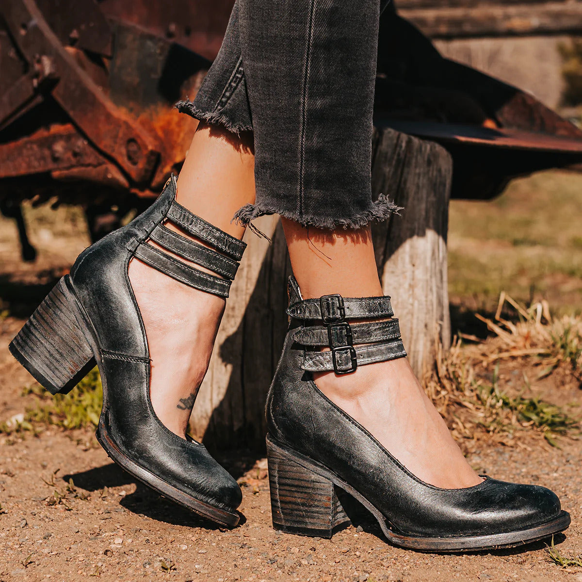 Retro Block Heel Mary Jane Heels with Double Buckle Ankle Strap