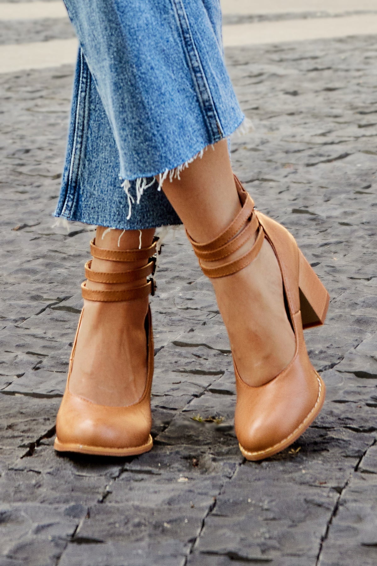 Retro Block Heel Pumps with Triple Buckle Ankle Strap