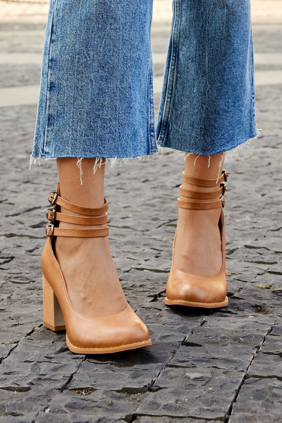 Retro Block Heel Pumps with Triple Buckle Ankle Strap