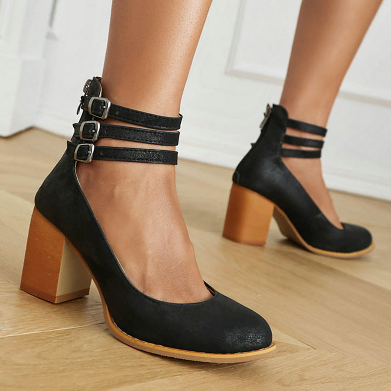 Retro Block Heel Pumps with Triple Buckle Ankle Strap