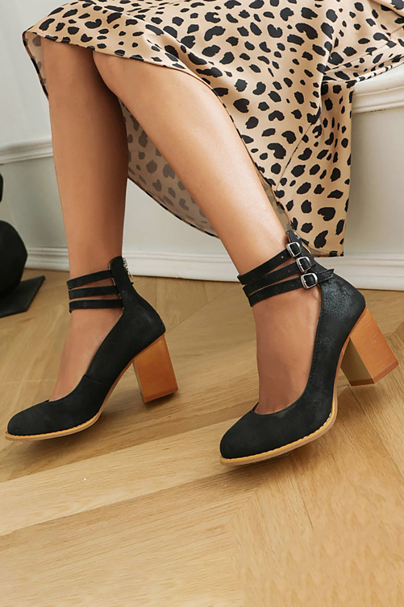 Retro Block Heel Pumps with Triple Buckle Ankle Strap