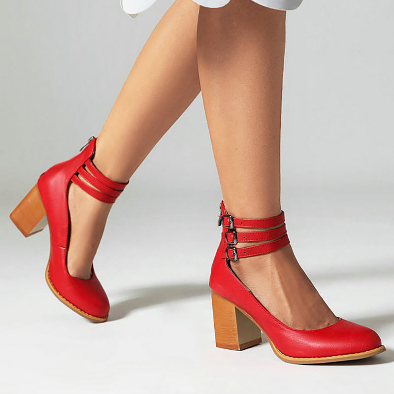 Retro Block Heel Pumps with Triple Buckle Ankle Strap