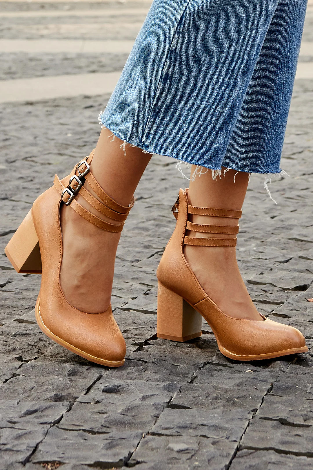 Retro Block Heel Pumps with Triple Buckle Ankle Strap