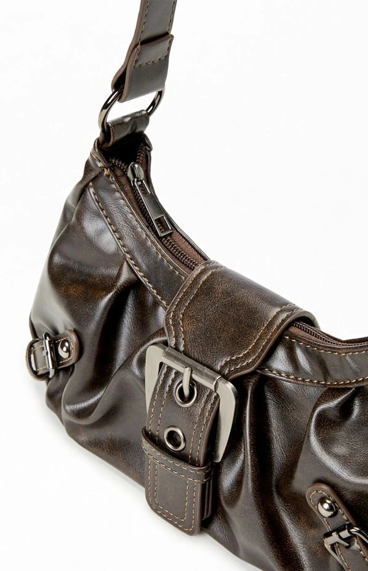 Retro Brown Leather Shoulder Bag with Buckle Detail