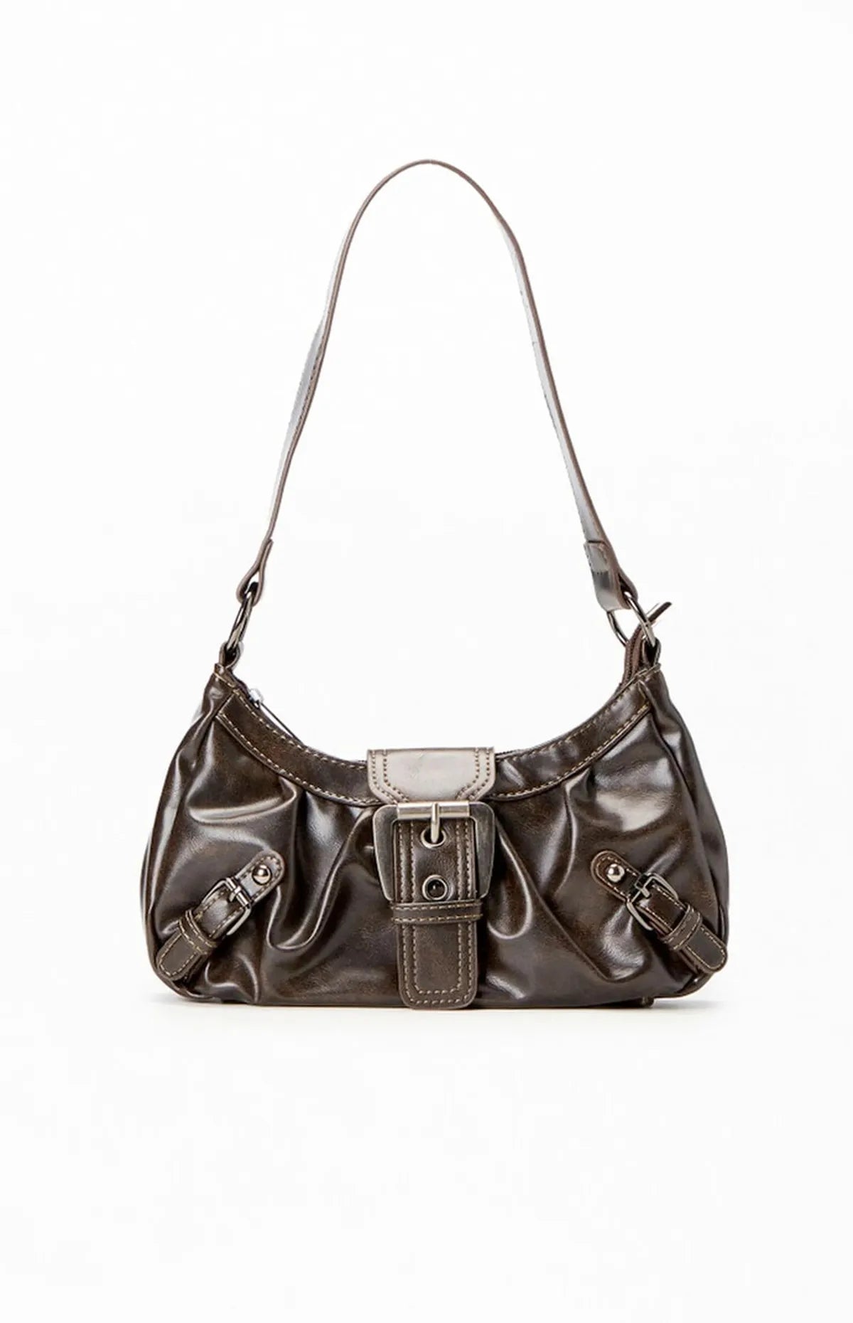 Retro Brown Leather Shoulder Bag with Buckle Detail