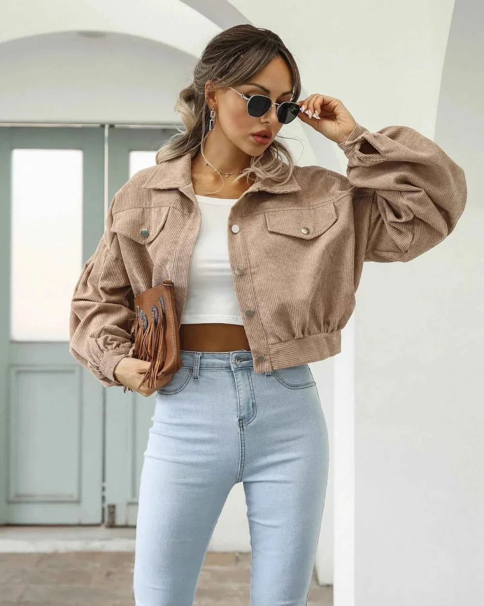 Retro Cropped Corduroy Jacket with Balloon Sleeves and Button Front
