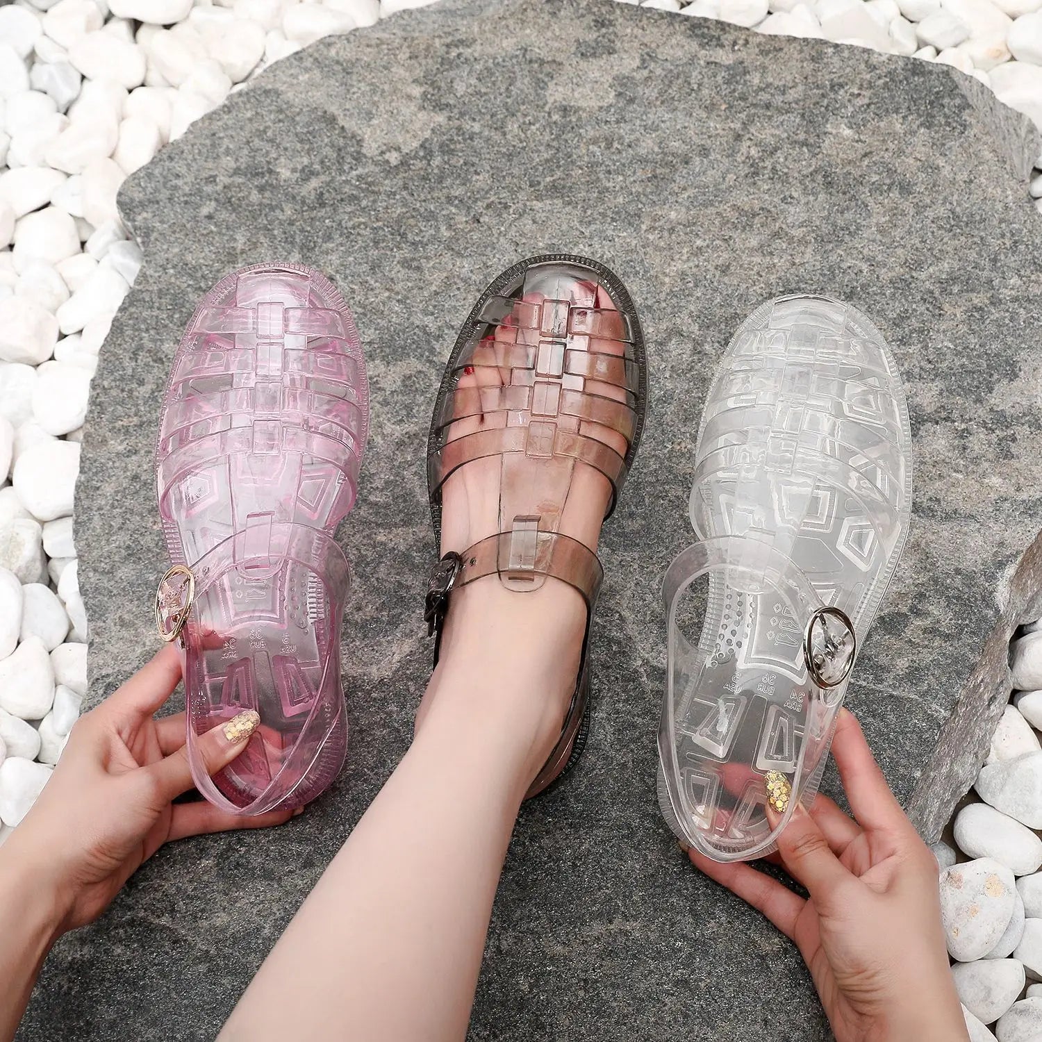 Retro Jelly Sandals with Woven Cage Upper and Buckle Strap