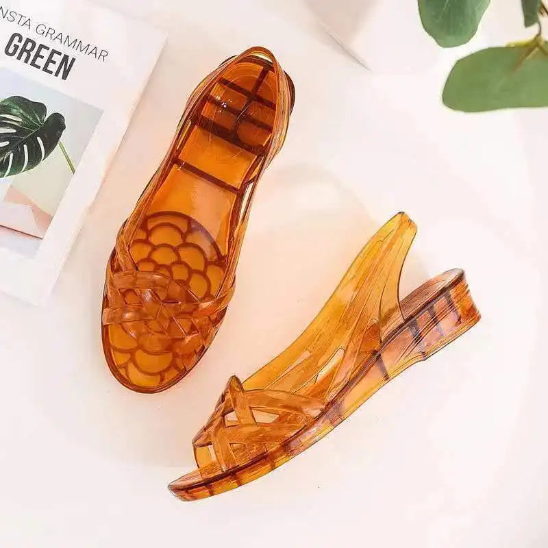 Retro Jelly Sandals with Woven Toe and Wedge Heel