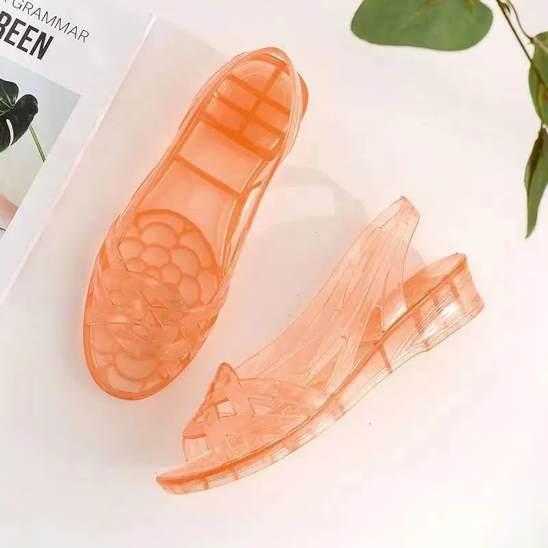 Retro Jelly Sandals with Woven Toe and Wedge Heel