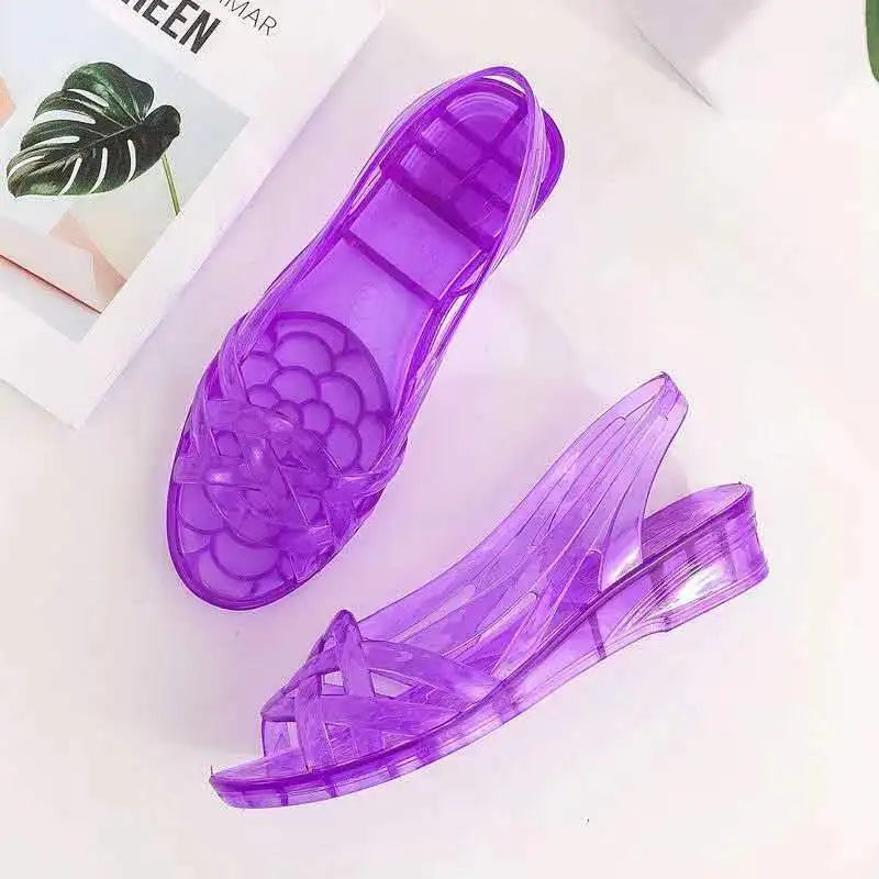 Retro Jelly Sandals with Woven Toe and Wedge Heel