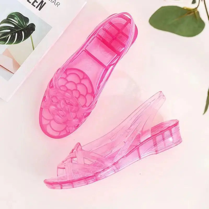 Retro Jelly Sandals with Woven Toe and Wedge Heel